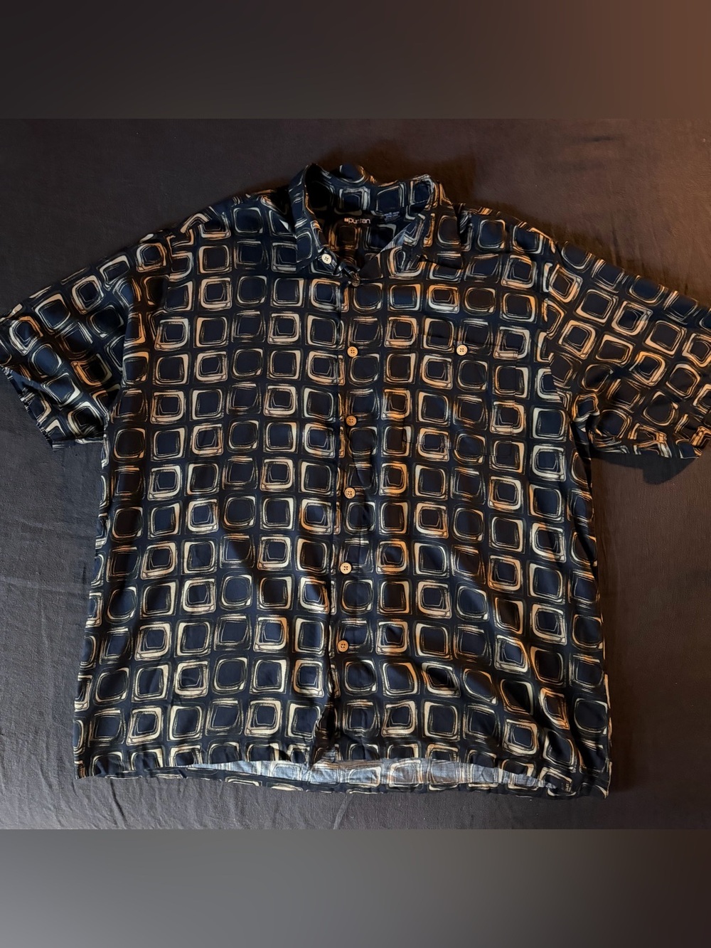 Puritan Black Short-Sleeve Button-Down with Cream/Tan Square Print